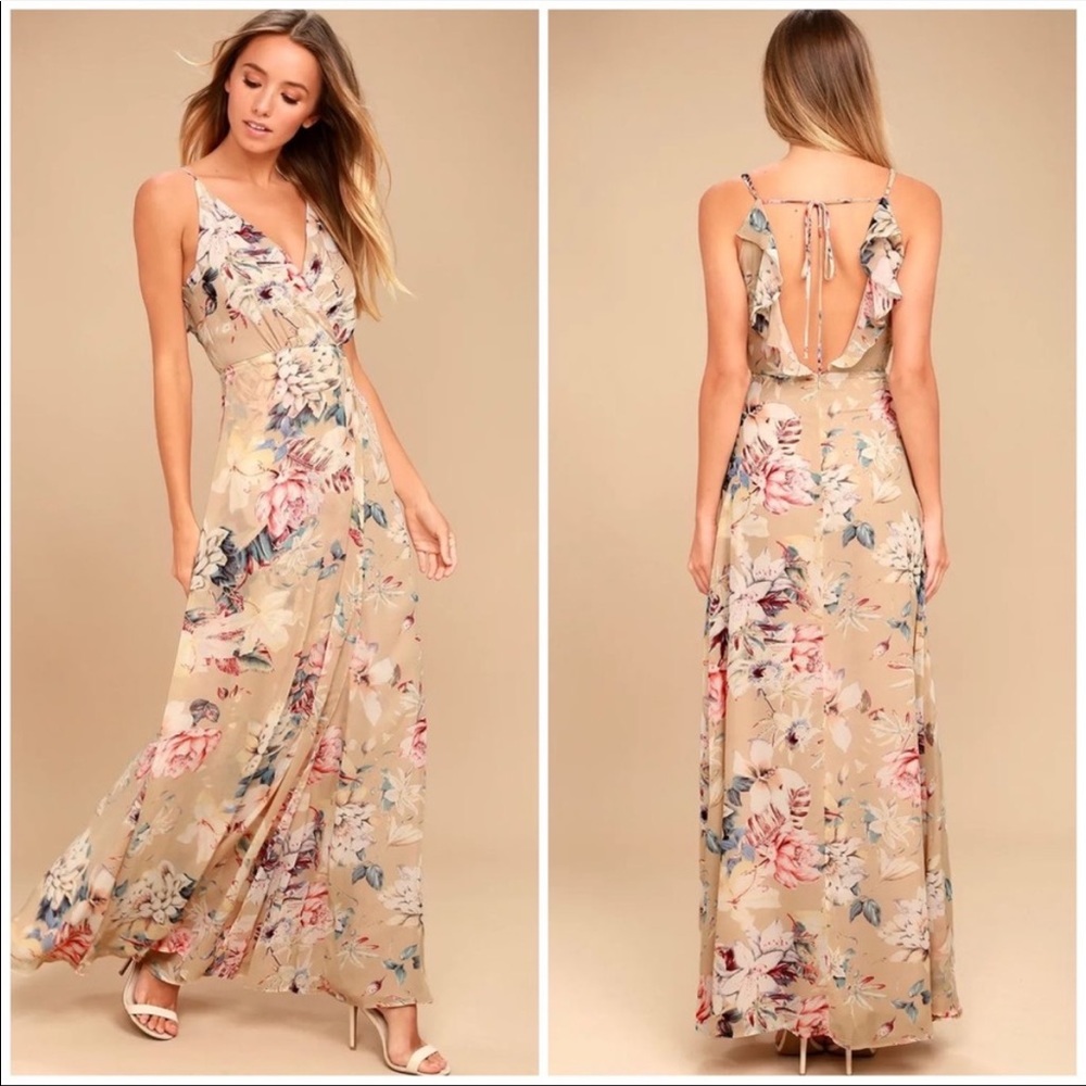 Lulus Something Just Like This Beige Floral Print Ruffle Chiffon Maxi Dress M